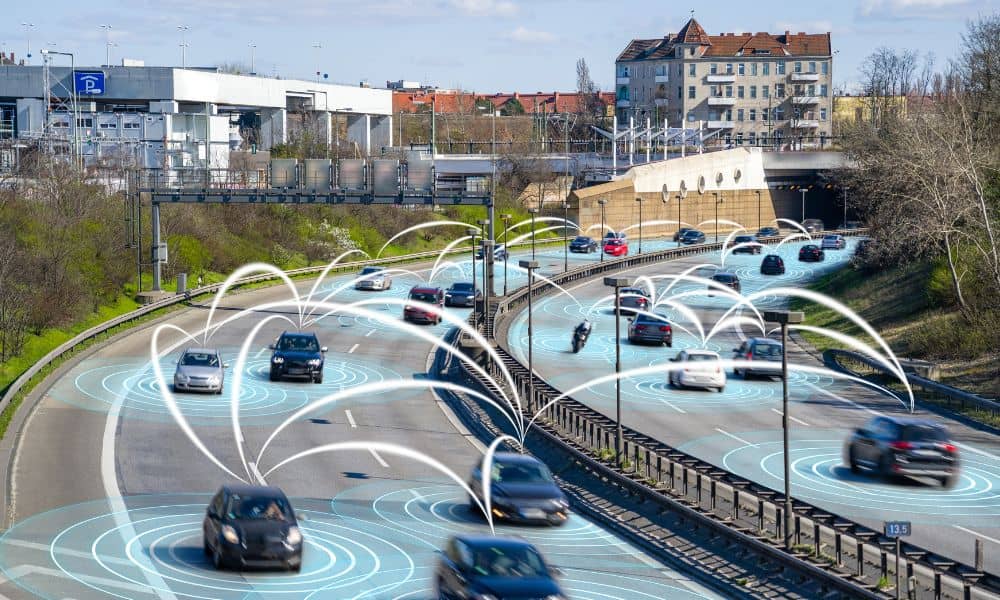 Illustration of city traffic showing vehicles using lidar mapping technology to sense their surroundings and improve transit safety