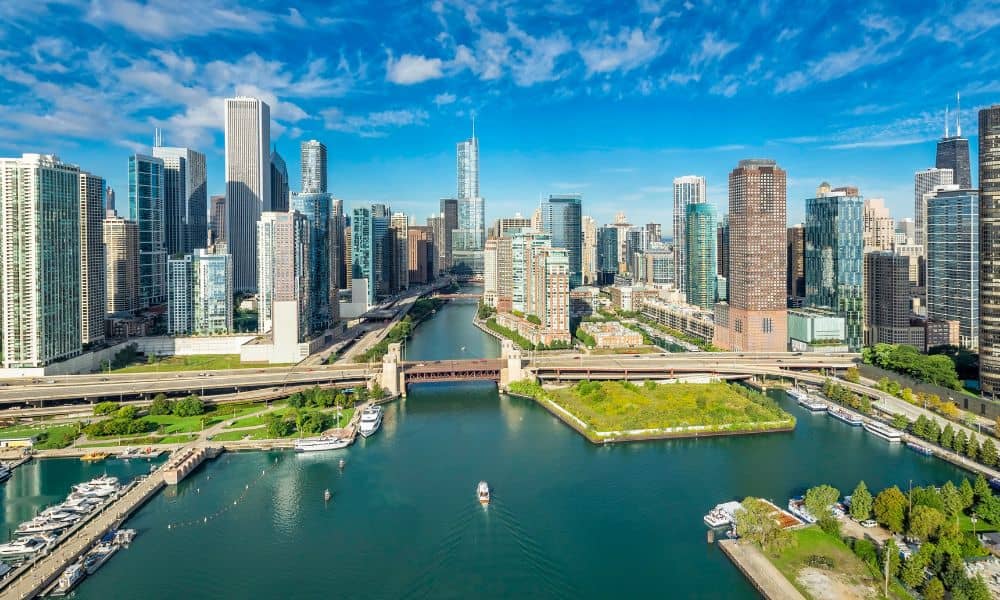 Aerial view of a dense urban city showing elevation changes and infrastructure where topo surveys are often required