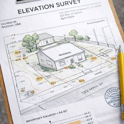 Elevation survey document showing finished floor height and street grade measurements for a residential property