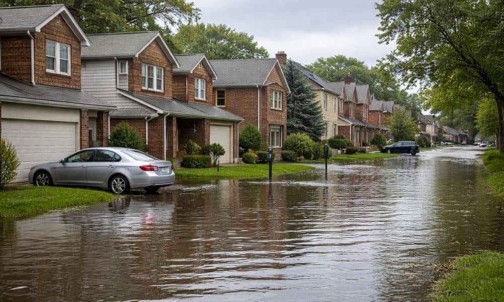 Residential street with standing water near brick homes after heavy rain, highlighting the need for a flood elevation certificate