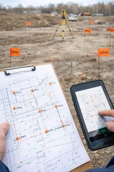 Site layout plan on tablet construction - ALTA SURVEY Illinois Engineer reviewing a construction survey layout plan with site control points on a tablet