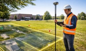 Surveyor checking property boundaries with gps equipment - ALTA SURVEY Illinois Land surveyor performing an ALTA land survey to verify property boundaries beyond digital parcel maps
