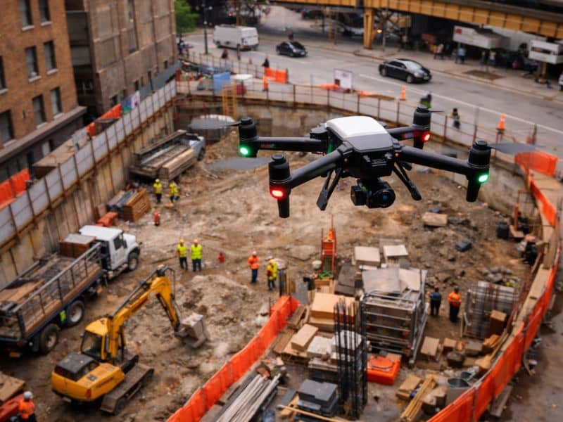 Drone survey capturing a tight urban construction site to improve safety and planning