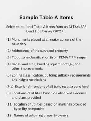 Sample Table A Items - ALTA SURVEY Illinois Document listing selected optional Table A items from an ALTA/NSPS Land Title Survey 2021 including zoning, utilities, and boundaries