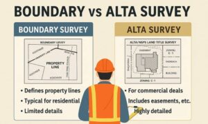 Infographic comparing boundary surveys and ALTA surveys, showing key differences in detail, purpose, and usage for residential and commercial properties.