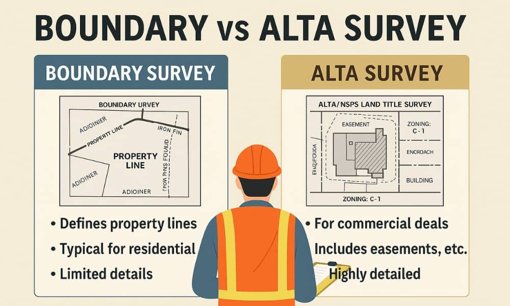 boundary survey vs alta survey infographic - ALTA SURVEY Illinois Infographic comparing boundary surveys and ALTA surveys, showing key differences in detail, purpose, and usage for residential and commercial properties.