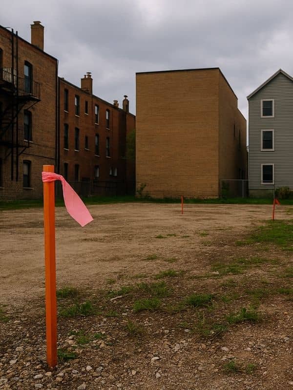 ALTA survey markers showing property boundaries on an empty lot in Chicago
