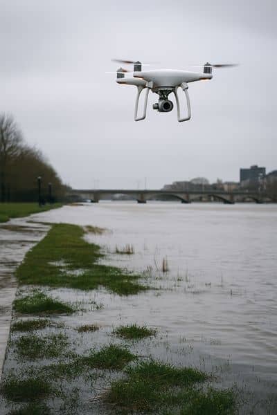 Drone surveying a flooded riverbank to assess water levels and flood risks
