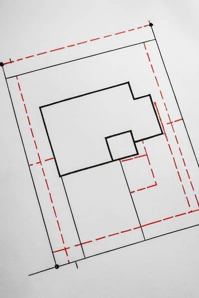 Property survey plat setbacks easements - ALTA SURVEY Illinois Close-up plat of survey with red dashed lines marking setbacks and easements on a residential lot for ADU construction