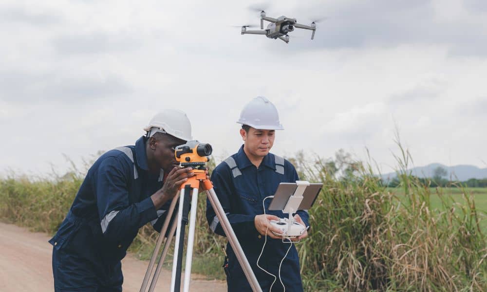 Licensed land surveyors using drone surveying equipment and a total station to map a construction site.