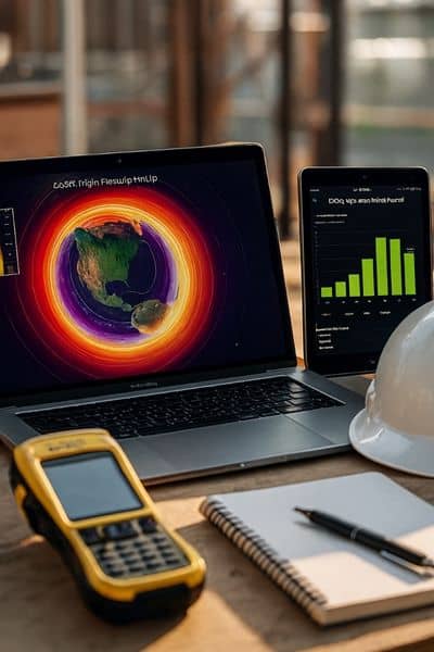 Gnss monitoring tools dashboard - ALTA SURVEY Illinois Laptop and tablet showing GNSS signal map and Kp index dashboard with construction surveyor tools