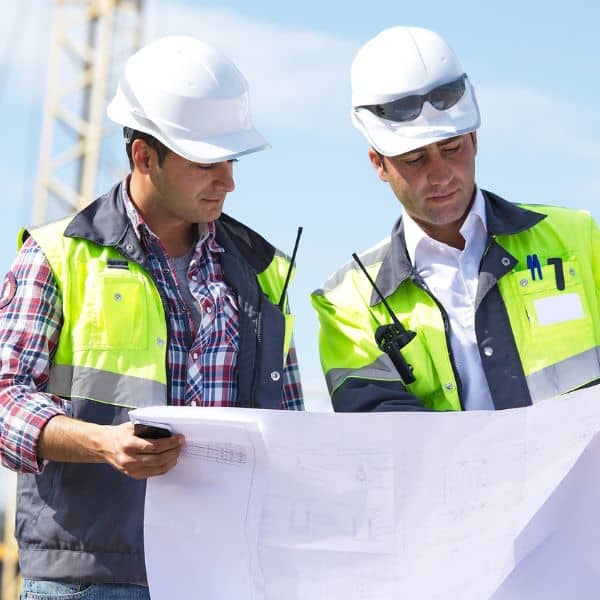 Surveyors reviewing alta title survey plans - ALTA SURVEY Illinois Two engineers reviewing ALTA Title Survey plans at a construction site to ensure boundary accuracy and coordination