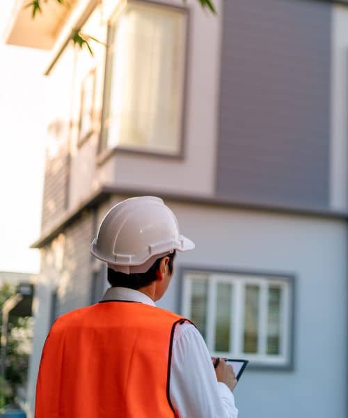 Exterior home inspection technician - ALTA SURVEY Illinois A technician inspecting a home’s exterior and conducting an elevation survey to document storm-related issues
