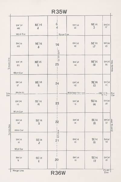 A detailed land parcel grid map showing township and range sections, used in land surveying to explain how legal descriptions are structured