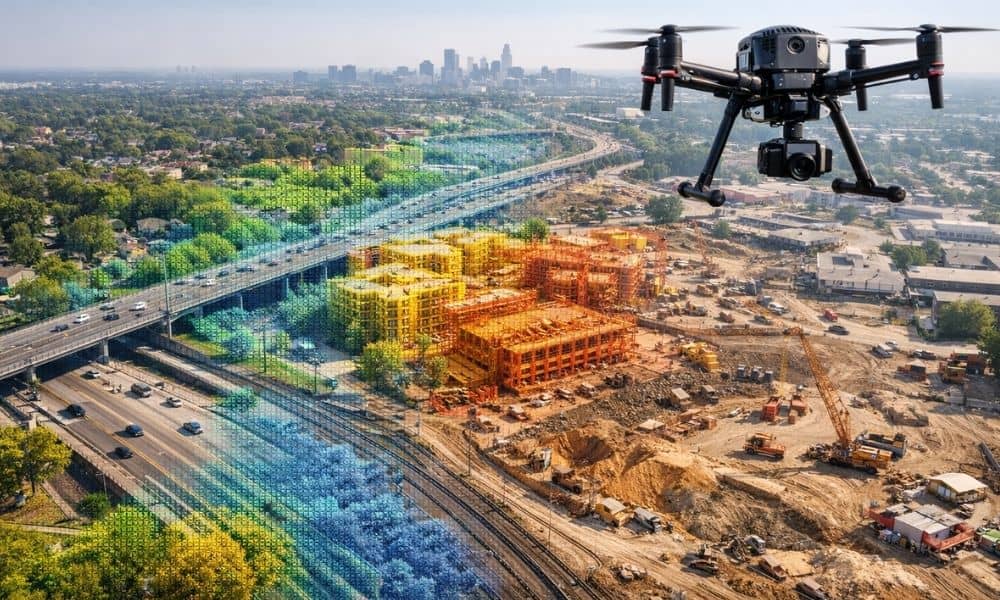Aerial LiDAR mapping scan over an urban and construction area showing detailed terrain and infrastructure data for lidar mapping