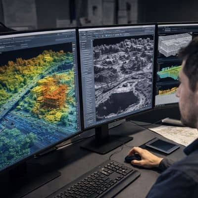 Lidar data processing workstation geospatial analysis - ALTA SURVEY Illinois Geospatial analyst processing detailed point cloud data for lidar mapping Illinois projects using professional surveying software