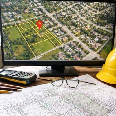 Survey map versus online aerial view - ALTA SURVEY Illinois A land surveying document placed beside an online aerial map, showing the difference between measured site data and map-based visuals