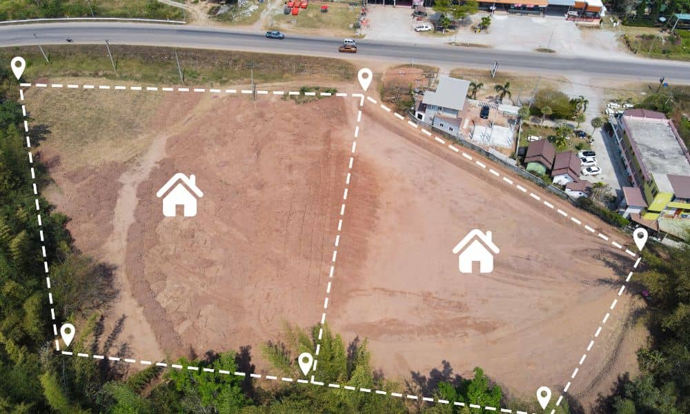 Aerial view of a vacant land parcel with boundary markings used for a due diligence survey before purchase