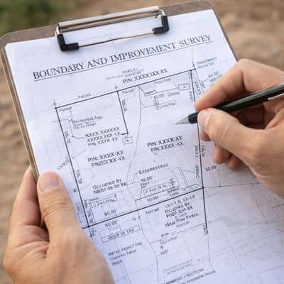 Surveyor reviewing a property boundary map during a due diligence survey before land purchase