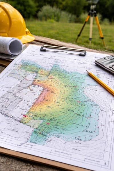Topographic map survey tools outdoor - ALTA SURVEY Illinois Topographic survey map and equipment showing ground levels and slope, used in an elevation survey to guide drainage and repair decisions