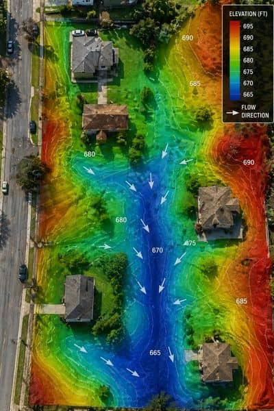 Aerial elevation map of a residential property with lidar mapping highlighting ground levels and how water flows across the land