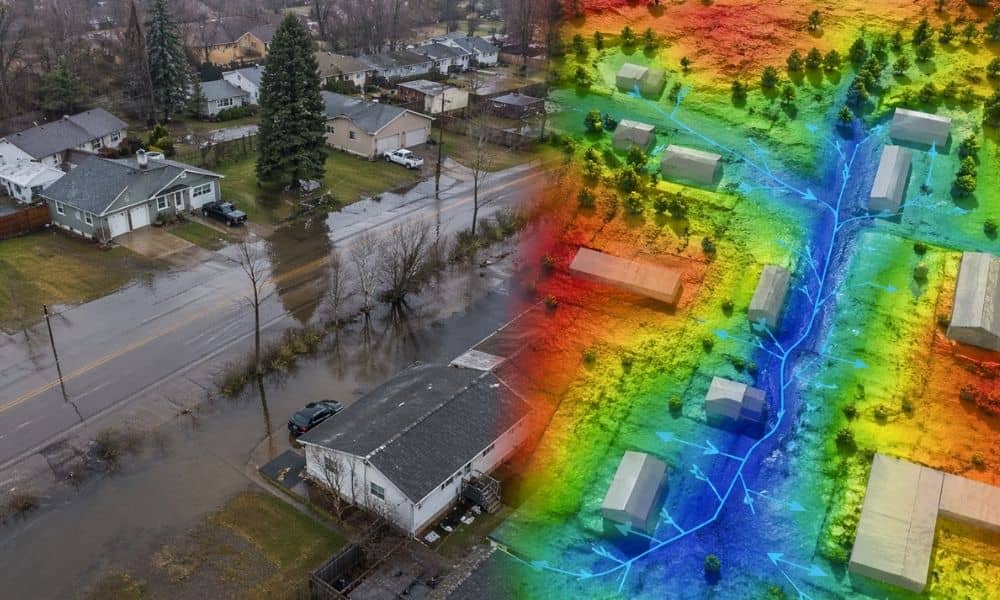 Aerial view of a flooded residential area with water pooling, with lidar mapping highlighting drainage issues and how water flows across the property