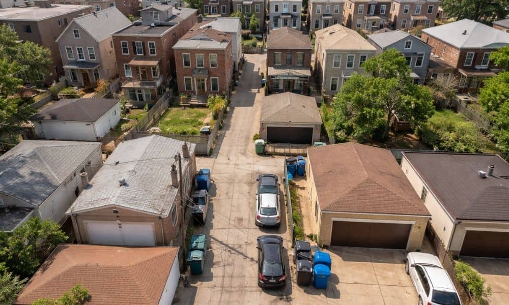 Rear alley property access view - ALTA SURVEY Illinois Aerial view of a residential property with a rear alley showing how an ALTA survey reveals access and layout limitations