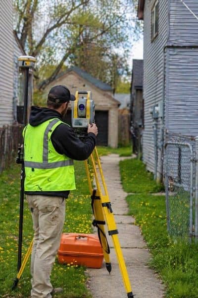 Land surveyor using equipment to measure a residential property line, showing how surveying companies verify boundaries before building