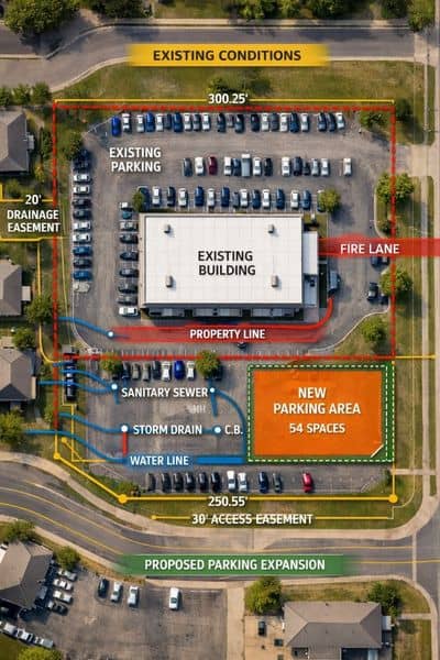 A commercial property survey map showing utility lines, drainage easements, fire lanes, property boundaries, and a proposed parking lot expansion area