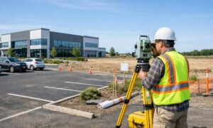 Commercial property surveyor measuring an existing commercial site before parking lot expansion and redevelopment