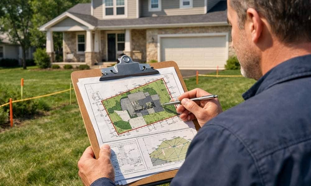 Person reviewing a home survey in front of a house