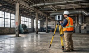 Surveyor using a 3D laser scanner to perform an as-built survey inside an industrial warehouse before a facility upgrade