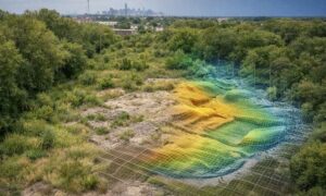 Aerial view of dense vegetation in Chicago with LiDAR mapping used to reveal hidden ground features