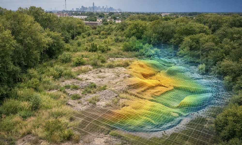 Aerial view of dense vegetation in Chicago with LiDAR mapping used to reveal hidden ground features