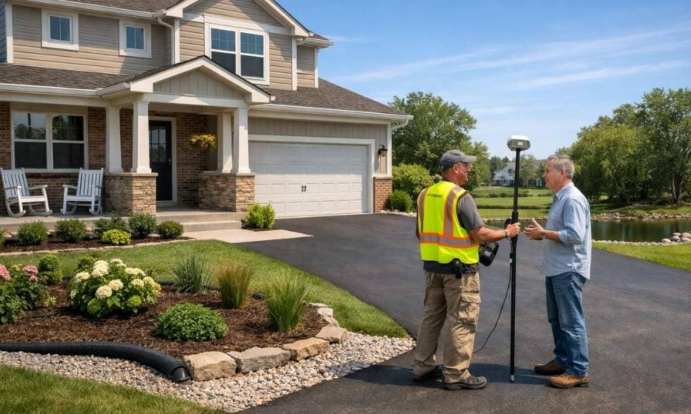 Land surveyor measuring a recently improved home for an elevation certificate after home improvements