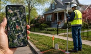 Licensed land surveyor using GPS equipment to locate a residential property boundary while a smartphone displays an online map of the same property