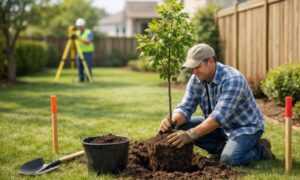 Homeowner planting a young tree near a marked property line while a land surveyor measures the backyard boundary
