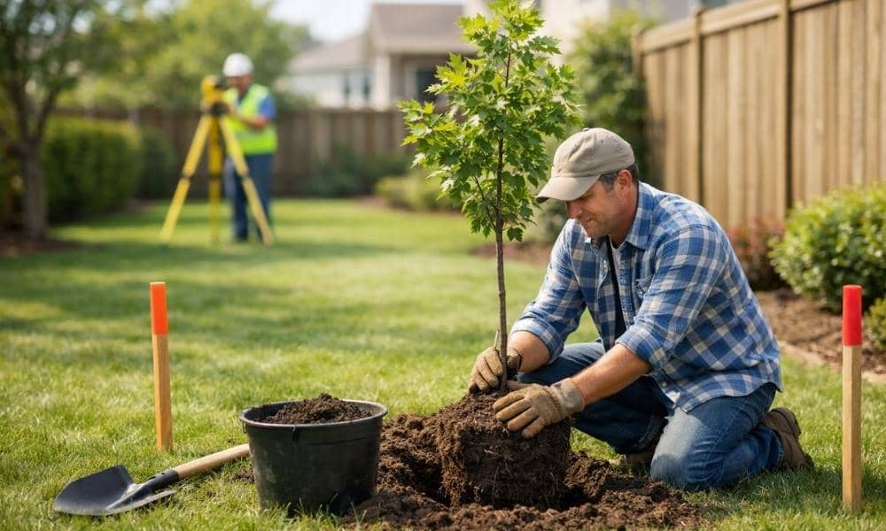 Homeowner planting a young tree near a marked property line while a land surveyor measures the backyard boundary