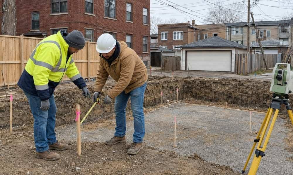 A surveyor and builder check construction staking before foundation work begins at a Chicago home site