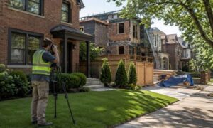Home survey underway beside a neighboring construction project in Chicago, Illinois