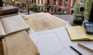 Surveyor reviewing historic property records and boundary maps for a metes and bounds survey in Chicago